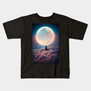 Spaceman sitting on clouds in front of moon Kids T-Shirt